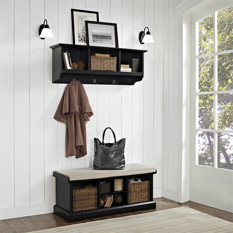 Wood 2 Piece Entryway Bench and Shelf Set in Black-Bowery Hill