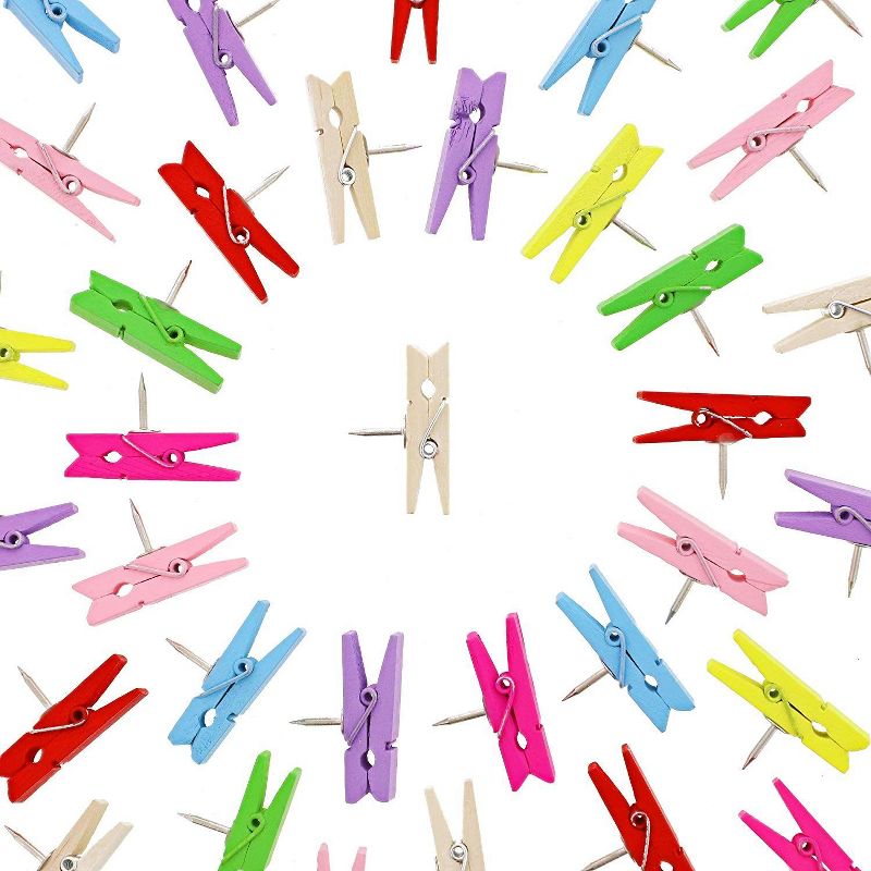 80-Count Juvale Mini Wooden Pushpins Clips, Clothes Pins Thumbnails Decorate Photos on Cork Boards Bulletin Board for Office Home Postcards, Colorful