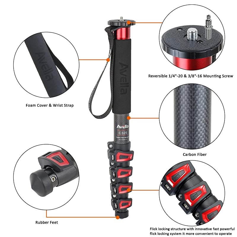 C325 Carbon Fiber 58 Inch Camera Monopod Professional Telescopic Monopods Compatibility DSLR Cameras