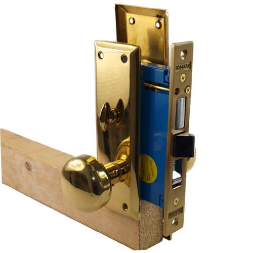 Maxtech (Like Marks 91A/3) 1033AR Polished Brass Right Hand Heavy Duty Mortise Entry Lockset, Surface Mounted Screw-on Knobs Lock Set