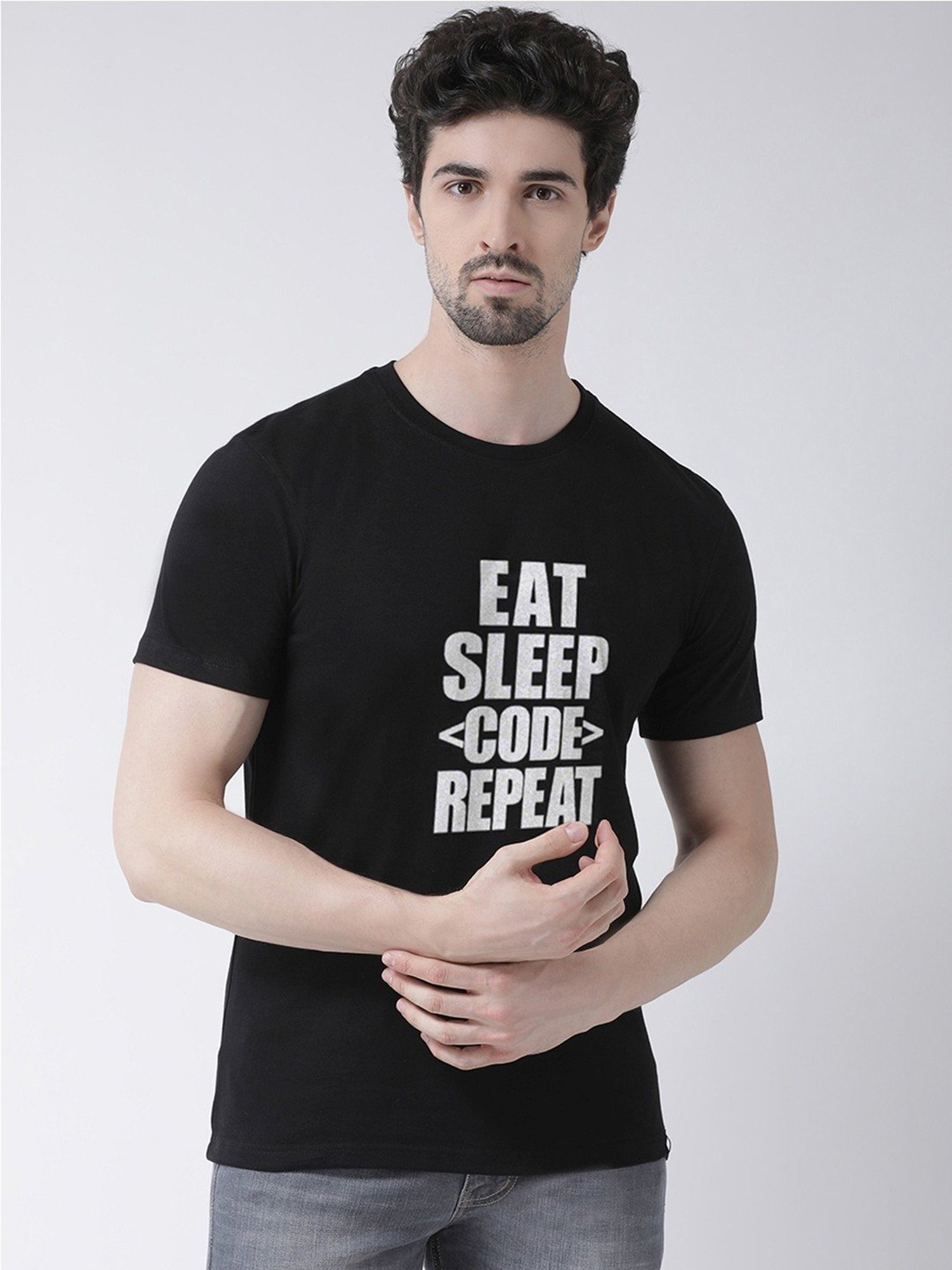 Friskers Black Cotton Slim Fit Printed T-Shirt