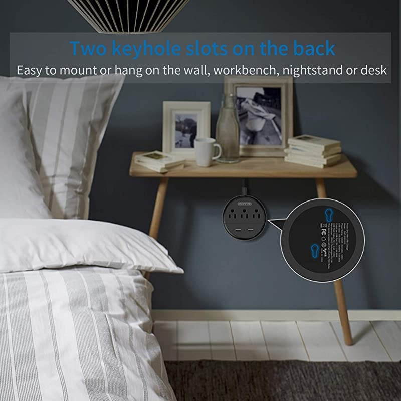 Power Strip with USB  Travel Power Strip Flat Plug 10ft Extra Long Extension Cord 3 Outlets 2 USB Desktop Charging Station Wall Mount Compact for Home Dorm Room and Office UL Listed