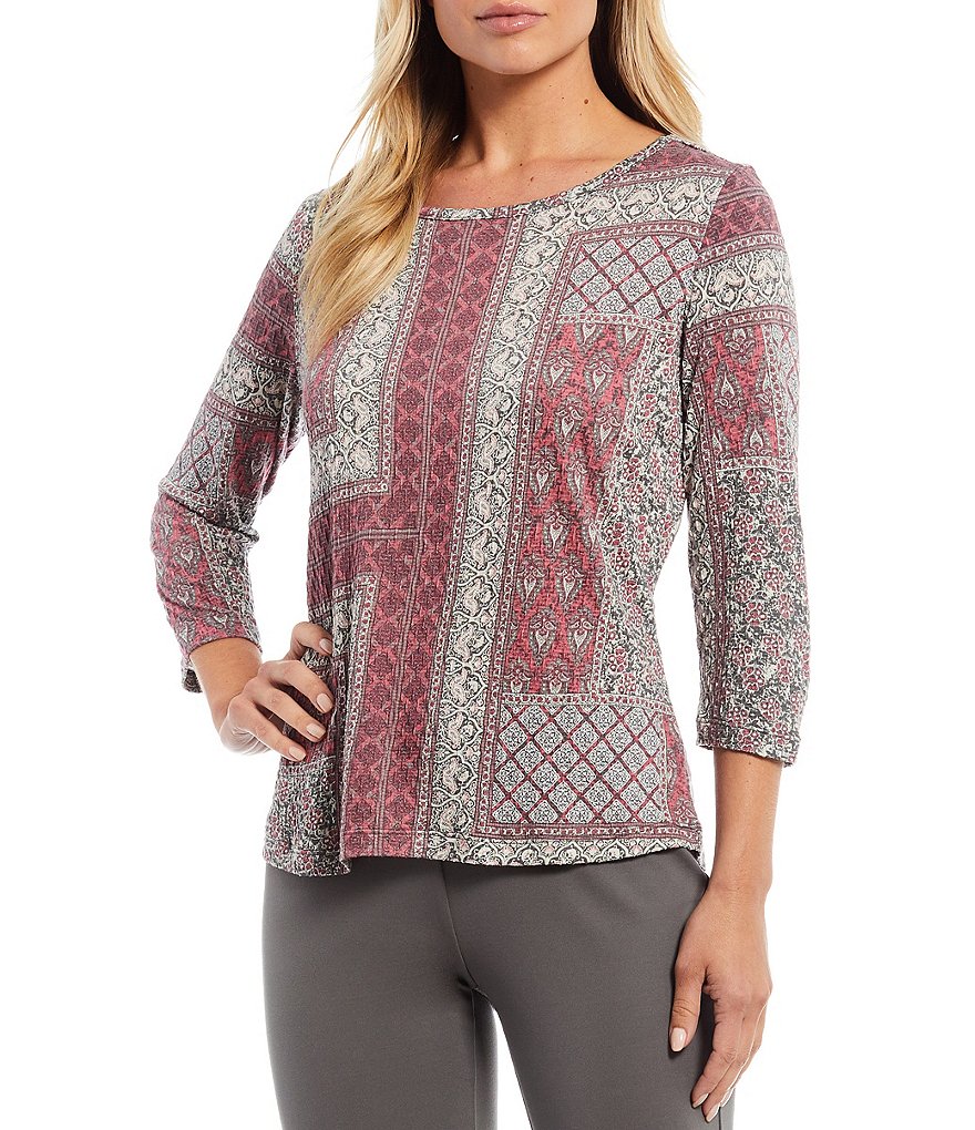 Multiples Petite Size Patchwork Print Wide Neck 3/4 Sleeve Textured Knit Top