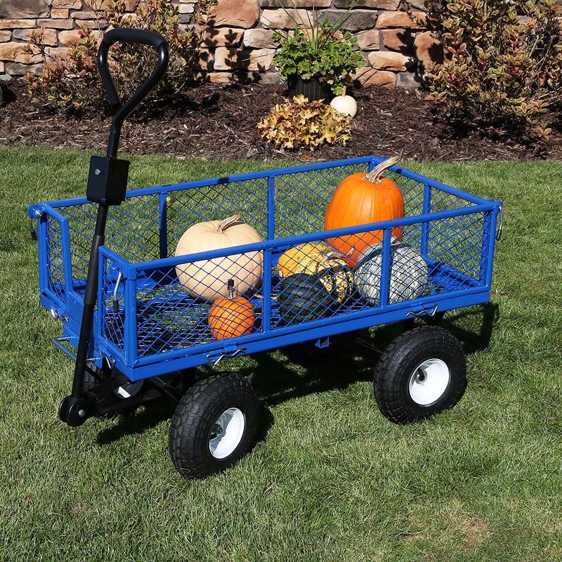 Sunnydaze Outdoor Lawn and Garden Heavy-Duty Durable Steel Mesh Utility Dump Wagon Cart with Removable Sides - Blue