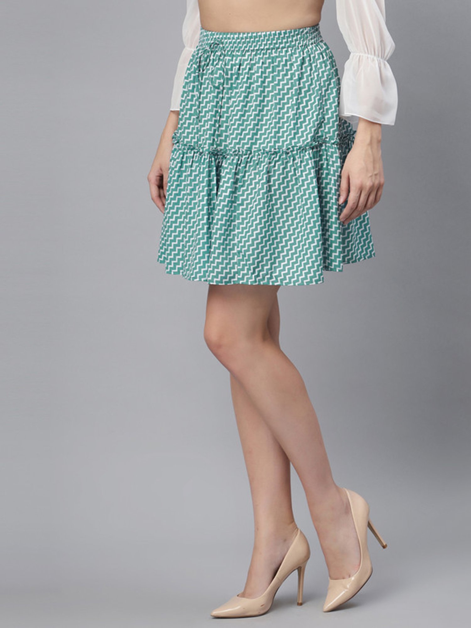 SELVIA Sea Green & White Georgette Printed Mini Skirt