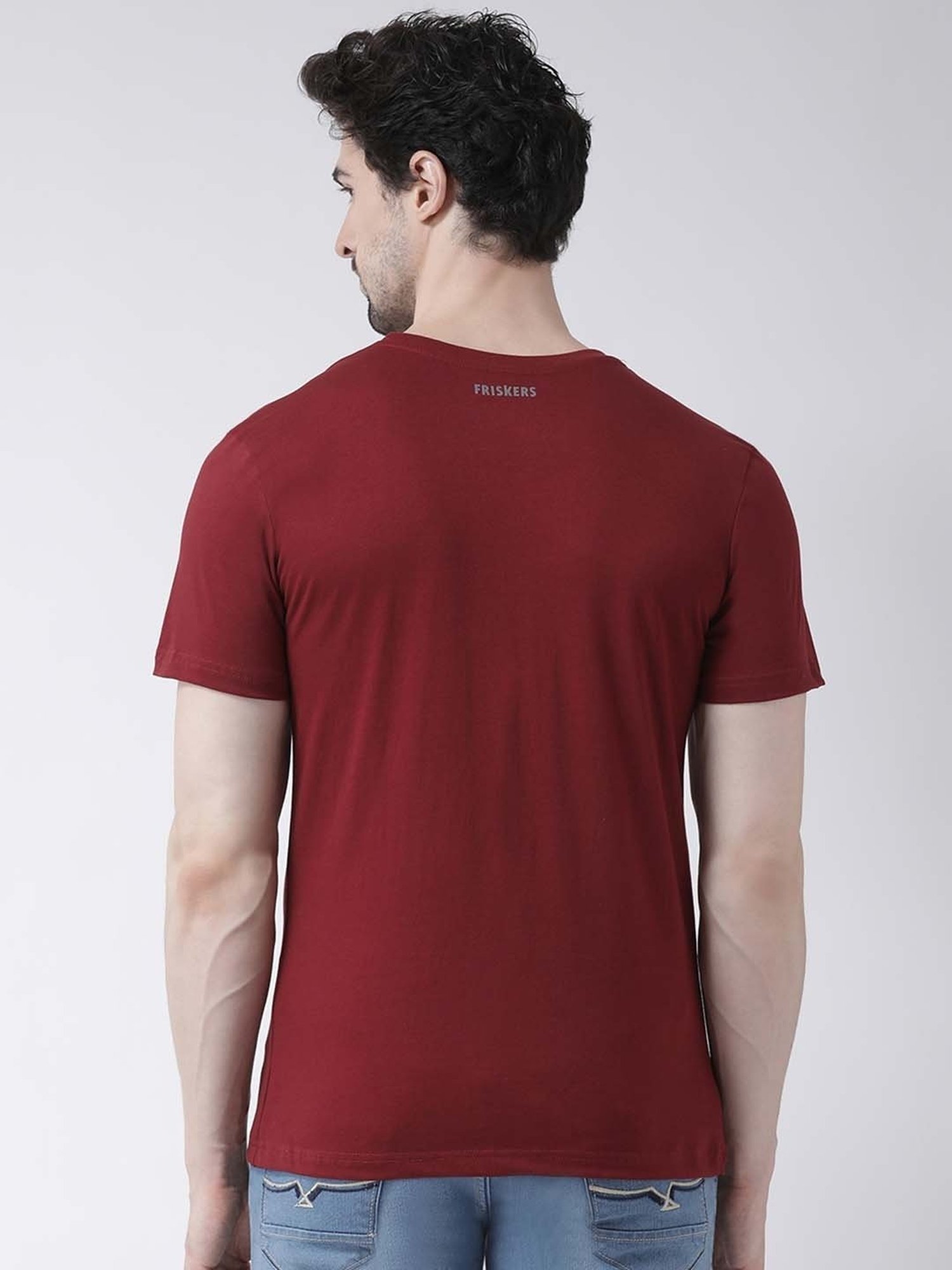 Friskers Maroon Cotton Slim Fit Printed T-Shirt