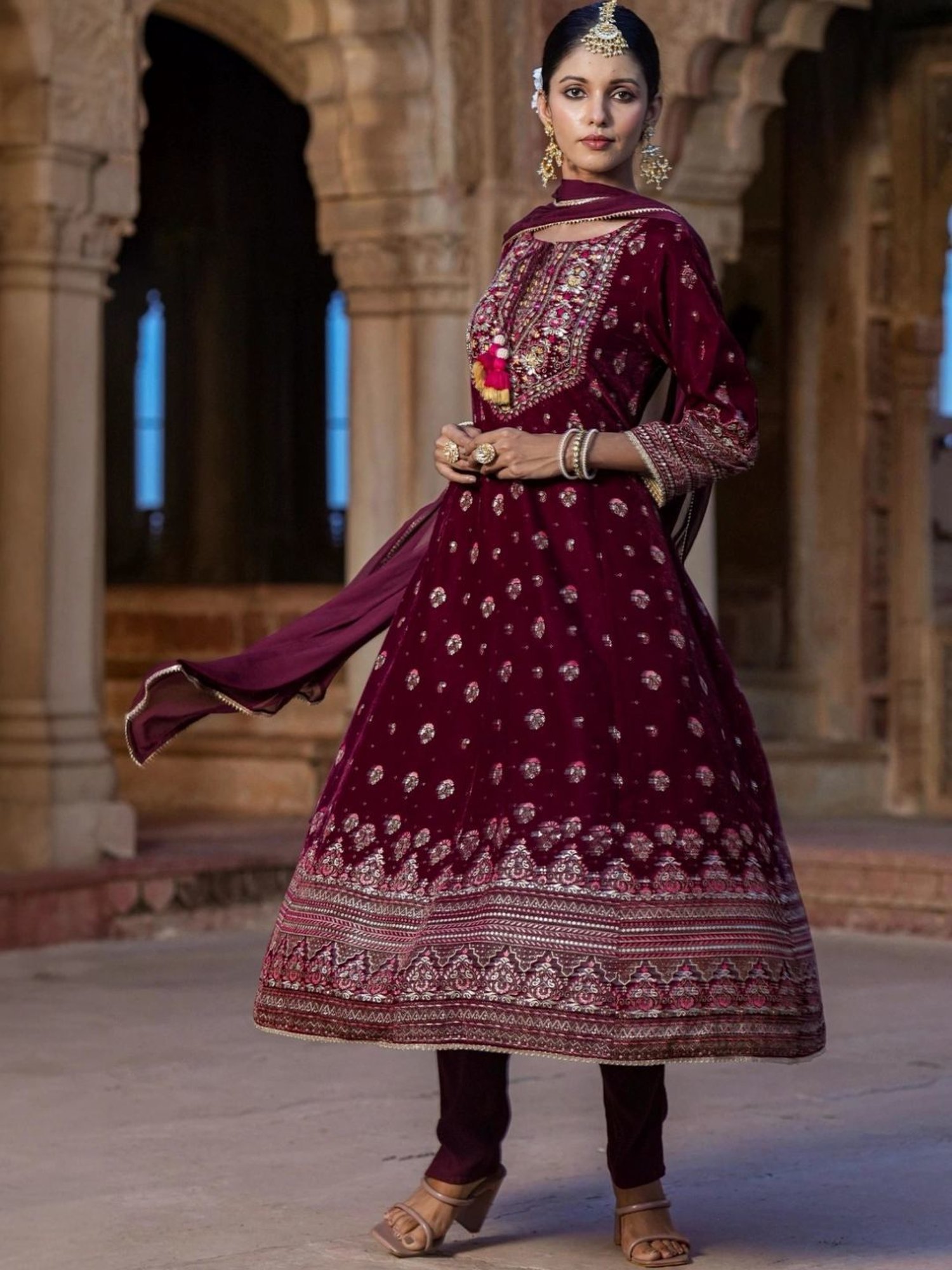 Scakhi Maroon Velvet Foil Printed Anarkali Suit Set Kurta With Pant And Dupatta