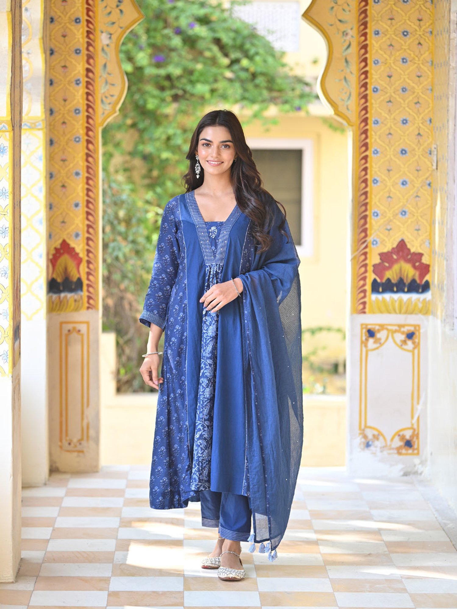 Mahee Jaipur Blue Indigo Block Panel Print Muslin Suit Set With Kota Doriya Dupatta