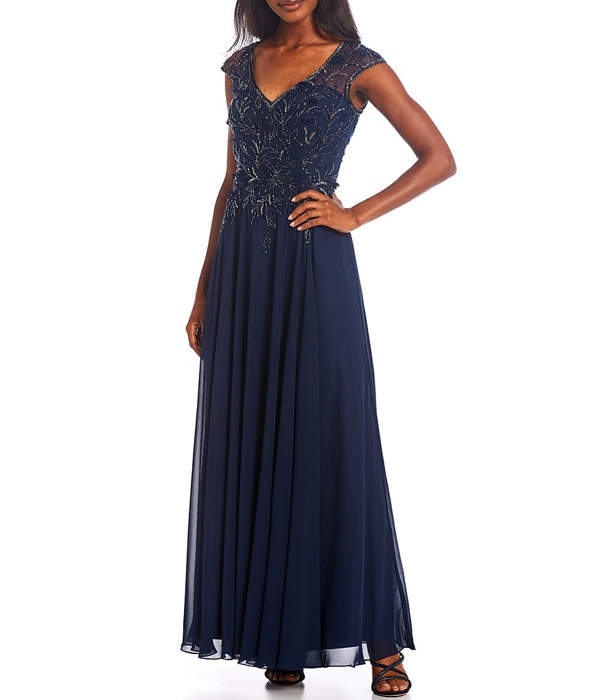 Xscape V-Neck Cap Sleeve Beaded Bodice Chiffon Gown