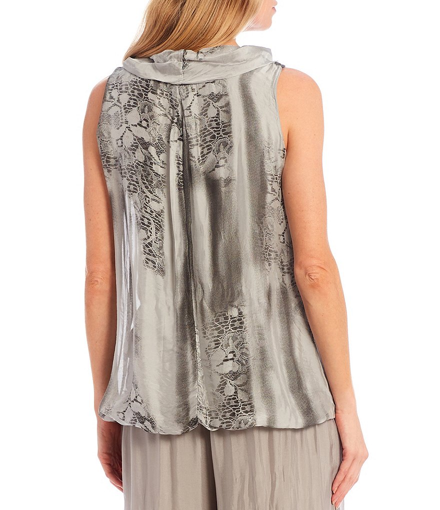 M Made in Italy Drape Neck Sleeveless Silk Blend Abstract Floral Motif Tunic