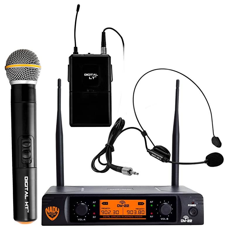 DW-22 Dual Digital Wireless Combo System with 1 Handheld Microphone, 1 bodypack & 1 Headset (HM-3). Ultra-low latency with QPSK modulation - XLR and &frac14;&rdquo; outputs