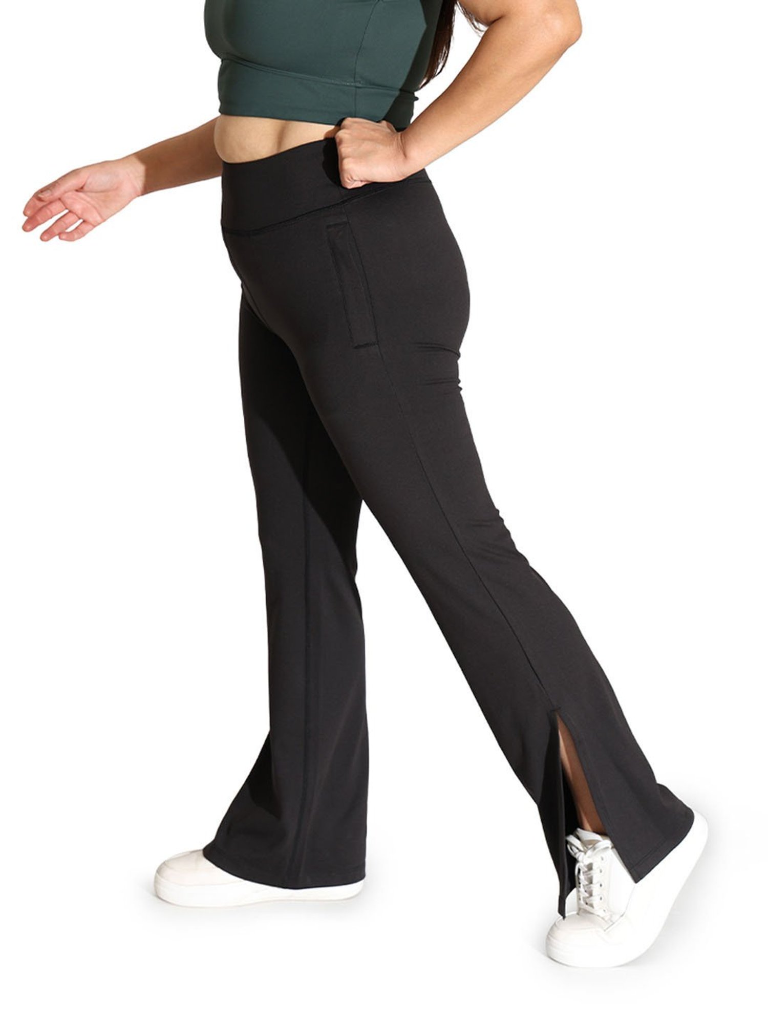 BlissClub Women Black On-The-Go Slit Flare Pants Brushed For Extra Softness