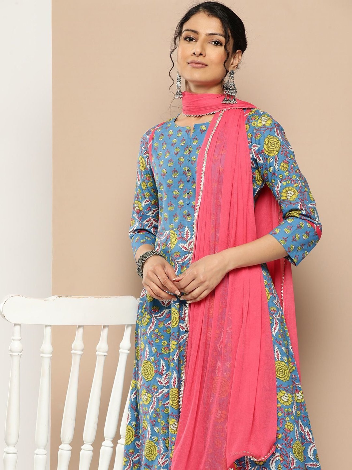 KSUT Blue Cotton Printed Kurta Palazzo Set With Dupatta