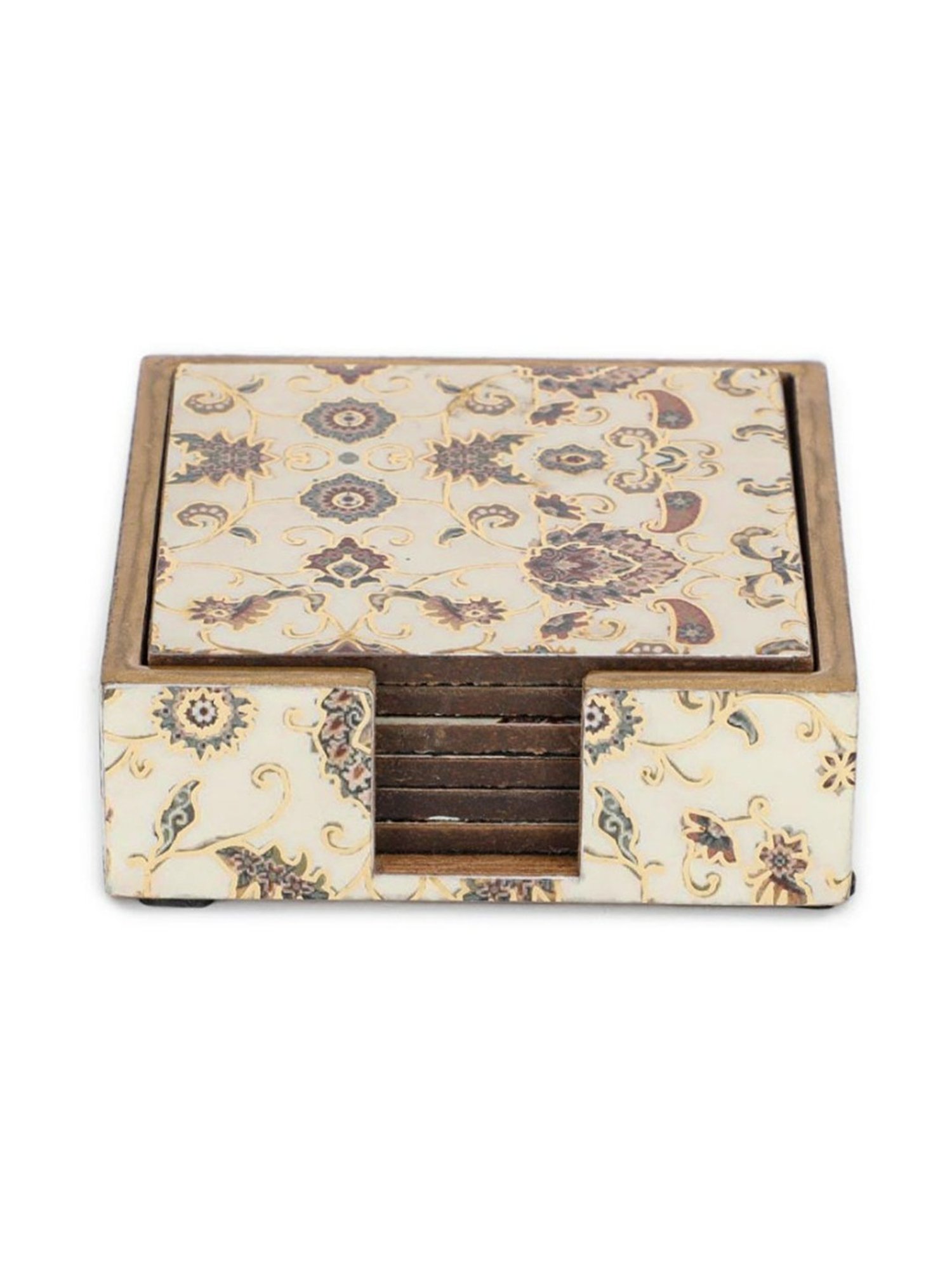 Karo Tapi Printed Multicolor Wood Coasters - Set of 6