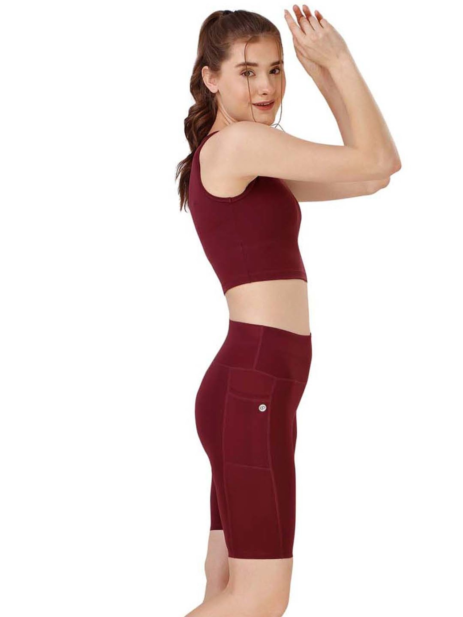 Soie Maroon Sports Crop Top Shorts Set
