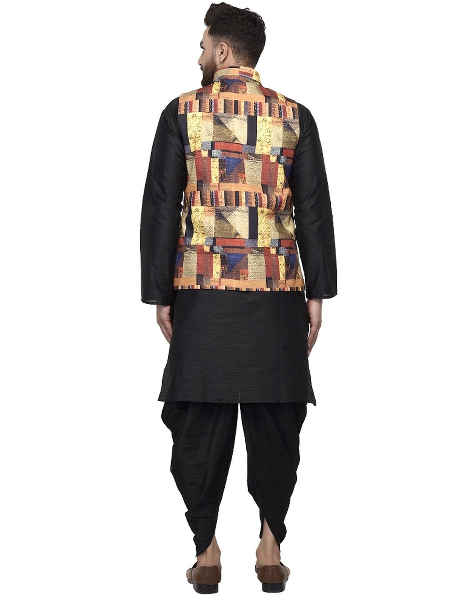 Benstoke Black & Multi Regular Fit Geometric Kurta Set With Jacket