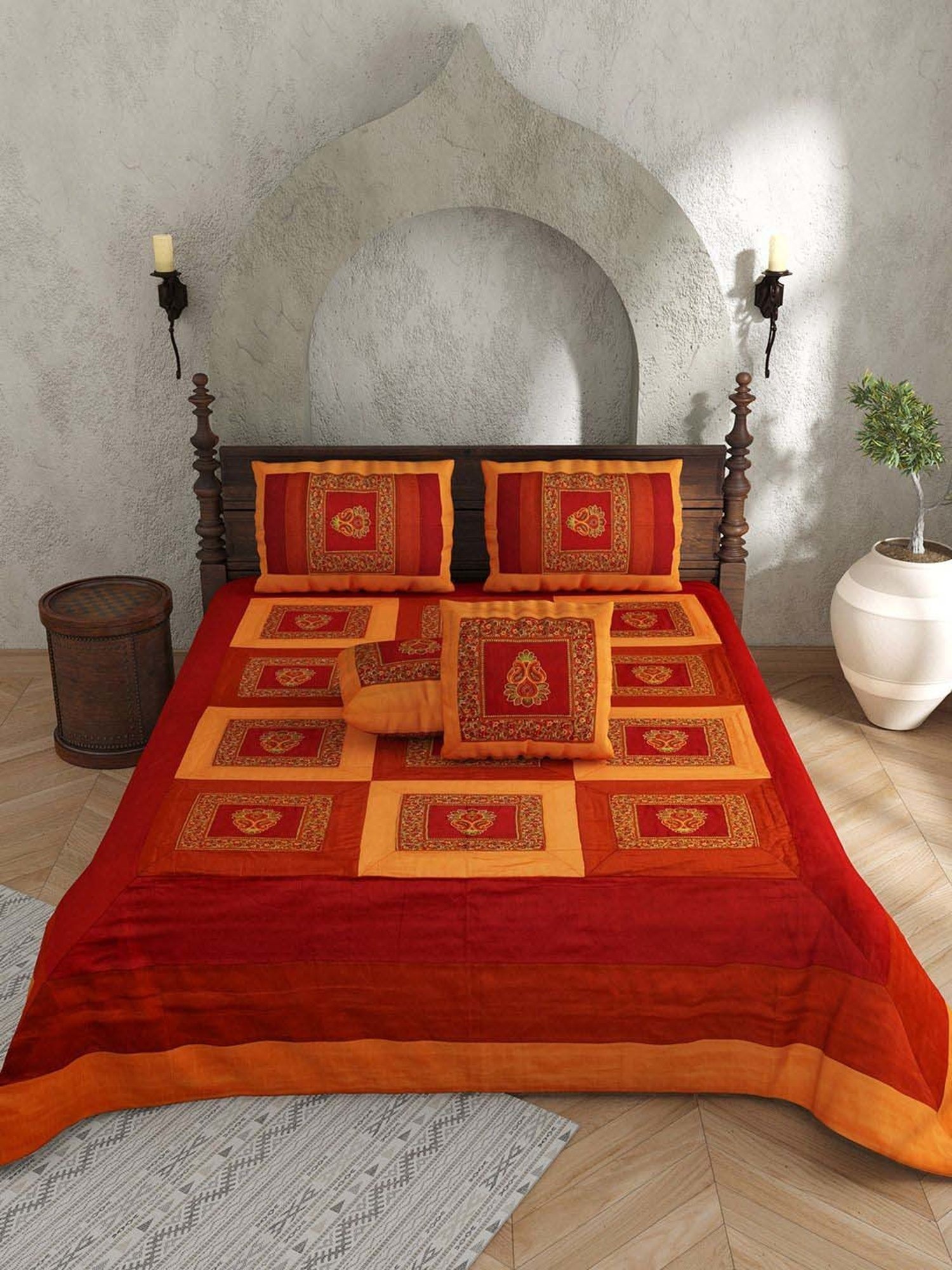 JaipurFabric Red & Yellow Silk 240 TC Double Bedsheet with 2 Pillow Covers