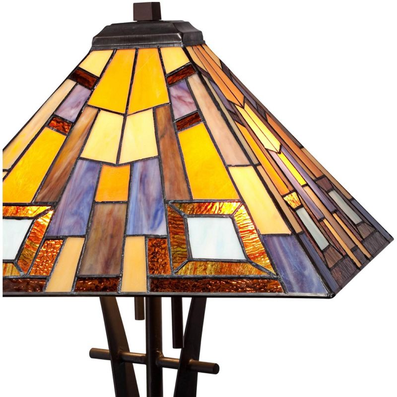 Robert Louis Tiffany Mission Table Lamp Iron Bronze Geometric Stained Glass Art Shade for Living Room Family Bedroom Bedside