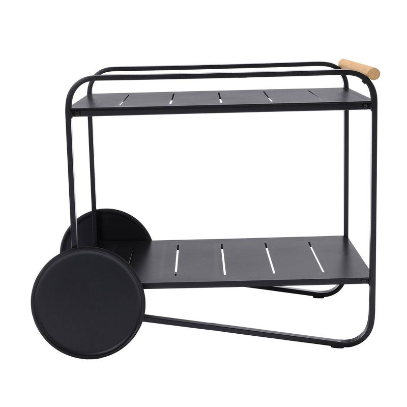 Portals Outdoor Accent Cart in Black Finish and Natural Teak Wood Accent - Armen Living