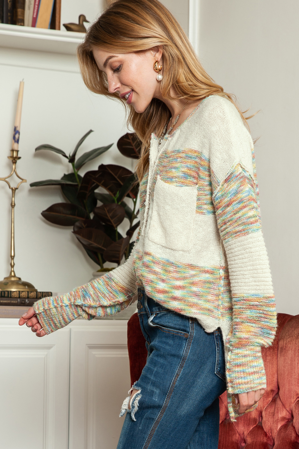 Yellow Drop Shoulder Henley Pullover Sweater With Slits