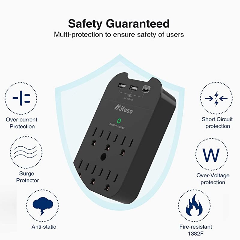 Outlet Surge Protector Power Strip Multi Plug Outlet Extender 6Outlets 3 USB 45A Mountable Adapter with Type C Port Phone Holder for Office Home Christmas Gift490 Joules Black