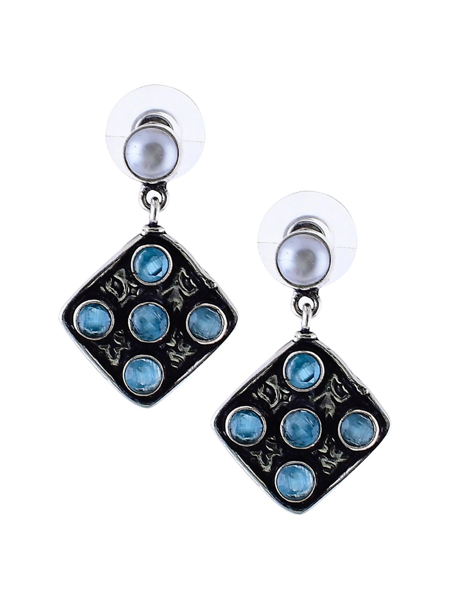 Imli Street Blue-White Silver Tone Stone-Studded Handcrafted Dangler Earrings