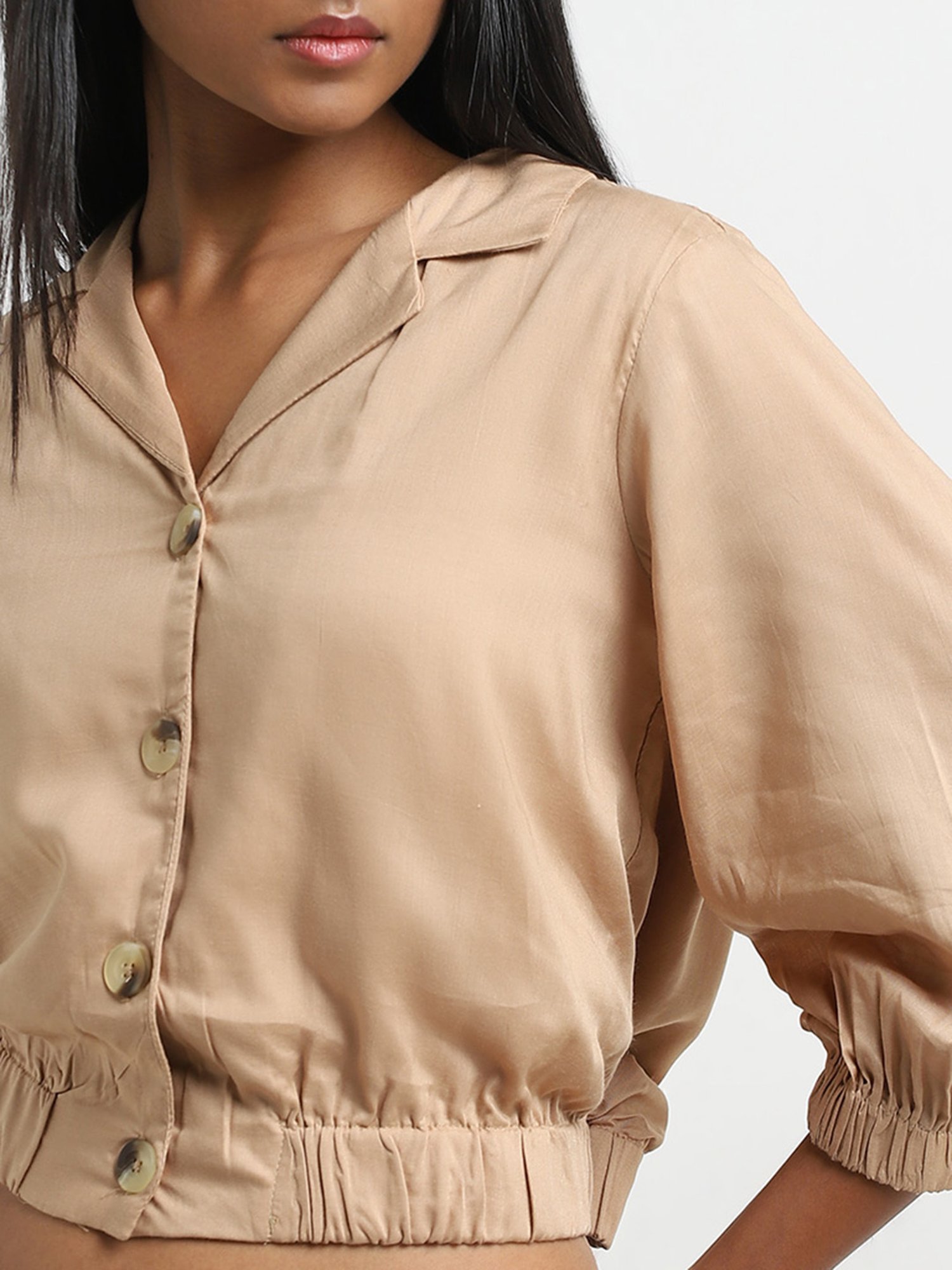 LOV by Westside Beige Solid Cropped Blouse