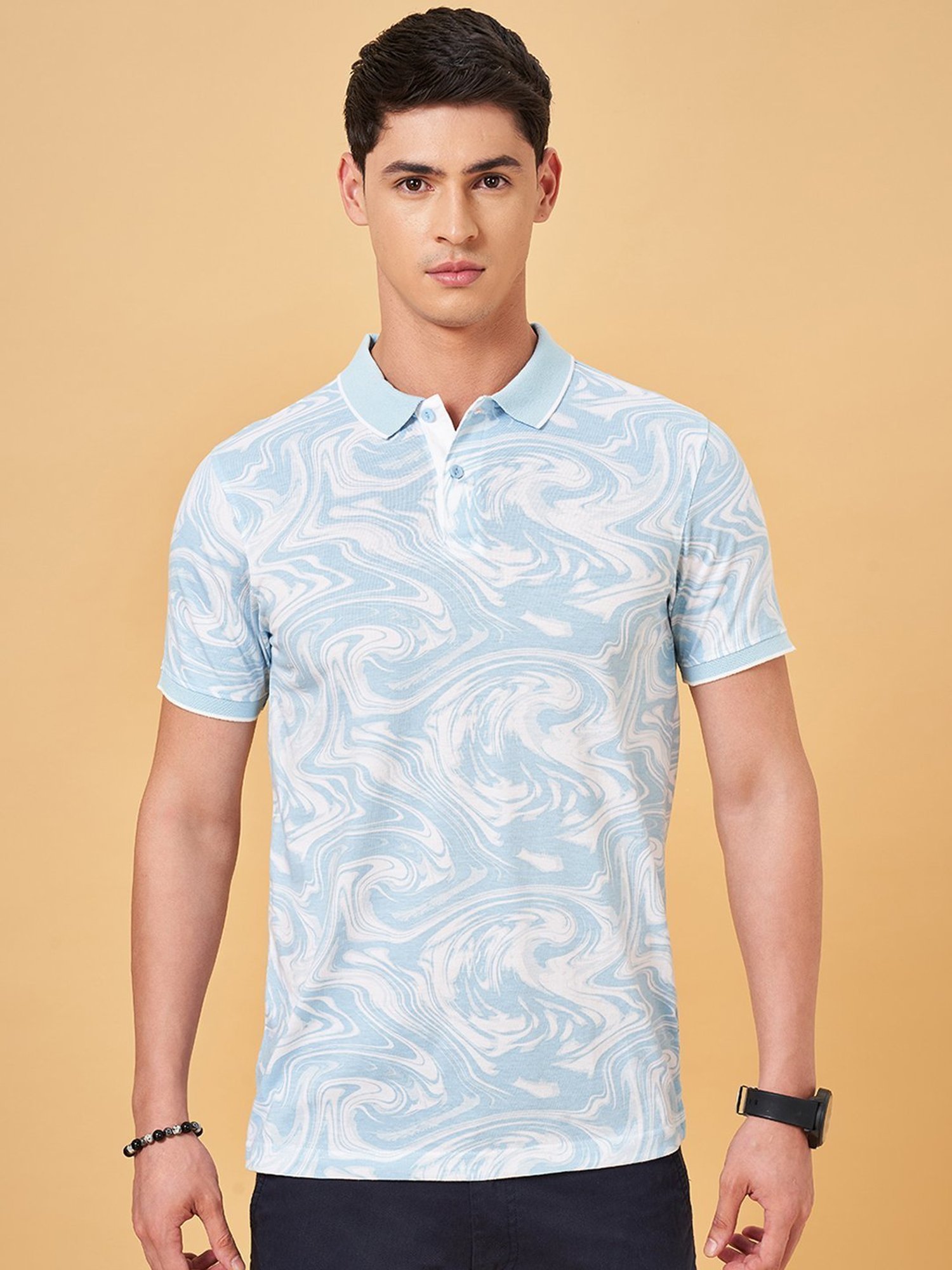 Byford By Pantaloons Light Blue Slim Fit Printed Polo T-Shirt