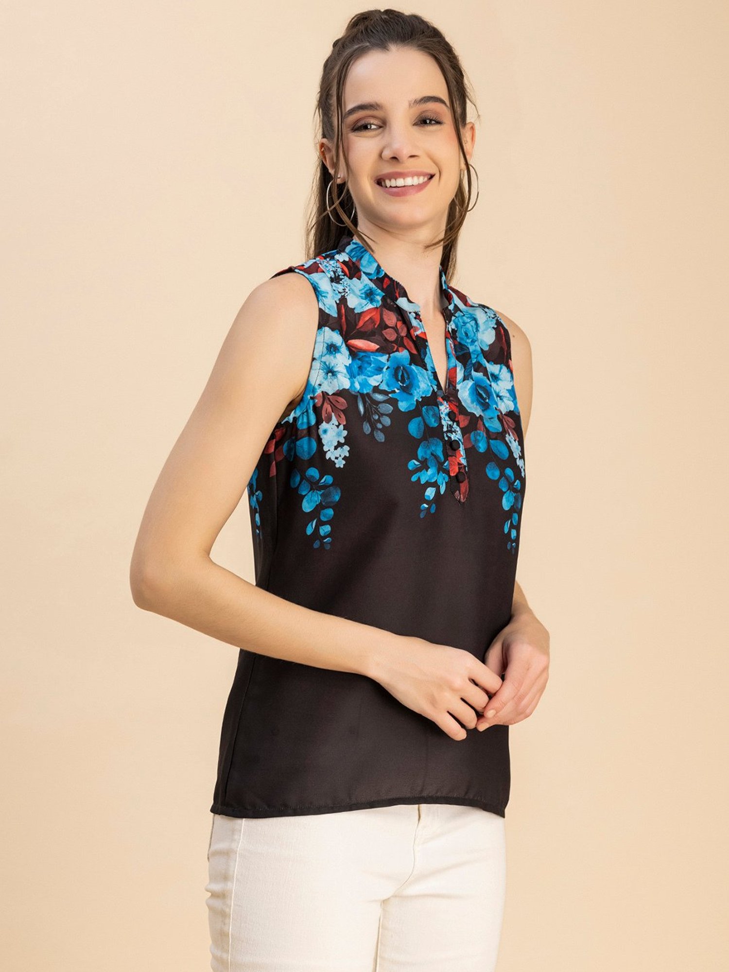 Moomaya Black Floral Print Top