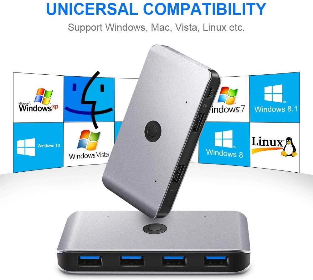 USB3.0 Switch Selector, 2 Computers 6-Port USB 3.0 Peripheral Sharing Switch Hub Adapter for Keyboard, Mouse, U-disk, Printer, KVM One-Second Switcher USB3.0, Compatible with Mac / Windows / Linux