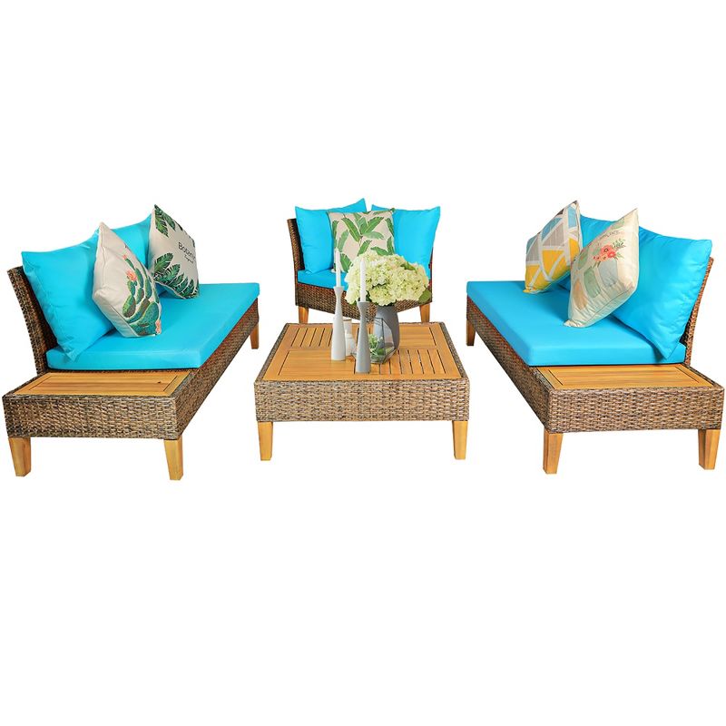 Costway 8PCS Patio Rattan Furniture Set Loveseat w/Wooden Side Table Cushioned Turquoise