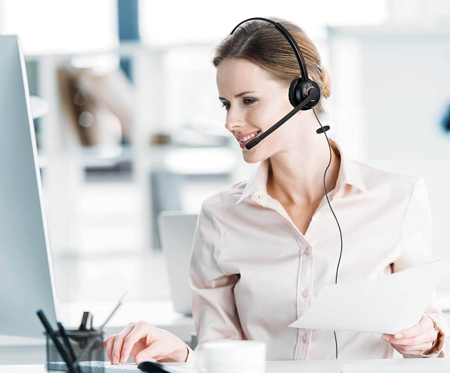 3.5mm USB Computer Headset PC Headphone with Microphone for Laptops Teams Skype Wired One Ear Cell Phone Headset for Cellphones Mobiles Tablets Androids BlackBerry Samsung iPhone Huawei iPad MacBook