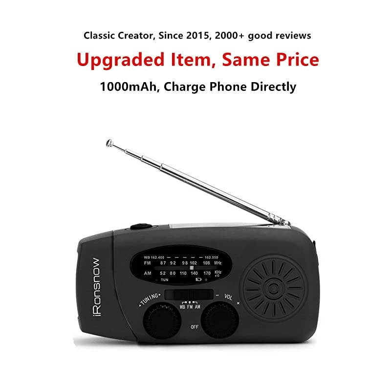 Upgraded 2000mAh?  Solar Emergency NOAA Weather Radio Dynamo Hand Crank Self Powered AM FM WB Radios 3 LED Flashlight 2000mAh with Charging Indicator Smart Phone Charger Power Bank (Black)