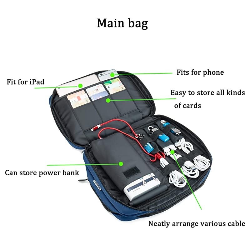 Electronic Organizer Double Layer Detachable Universal Waterproof Travel Cable Case Cord Accessories Storage Bag for Cable iPad Phone Charger USB SD Card Blue