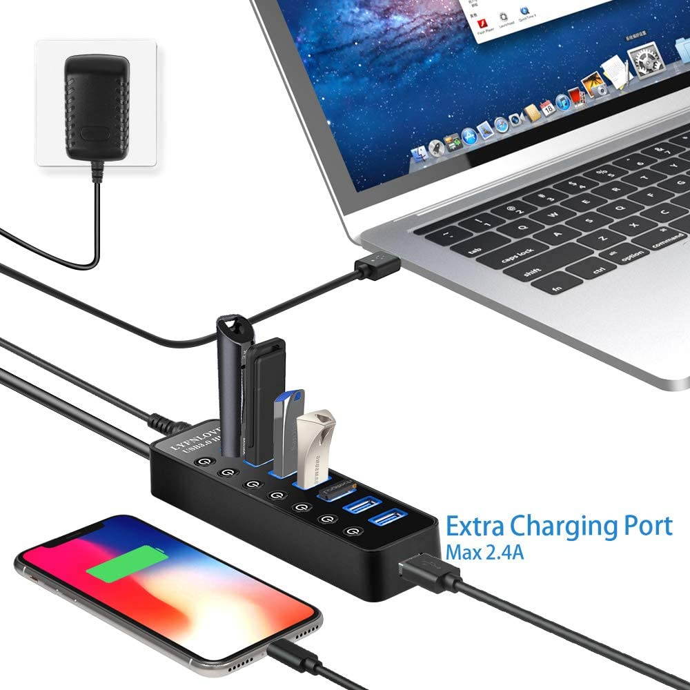 Powered USB 3.0 Hub, 7-Port Data USB Hub with Power Adapter and One Smart Charging Port, USB Splitter with Individual On/Off Switches for MacBook, Mac Pro/Mini, iMac, Surface Pro Laptop/PC