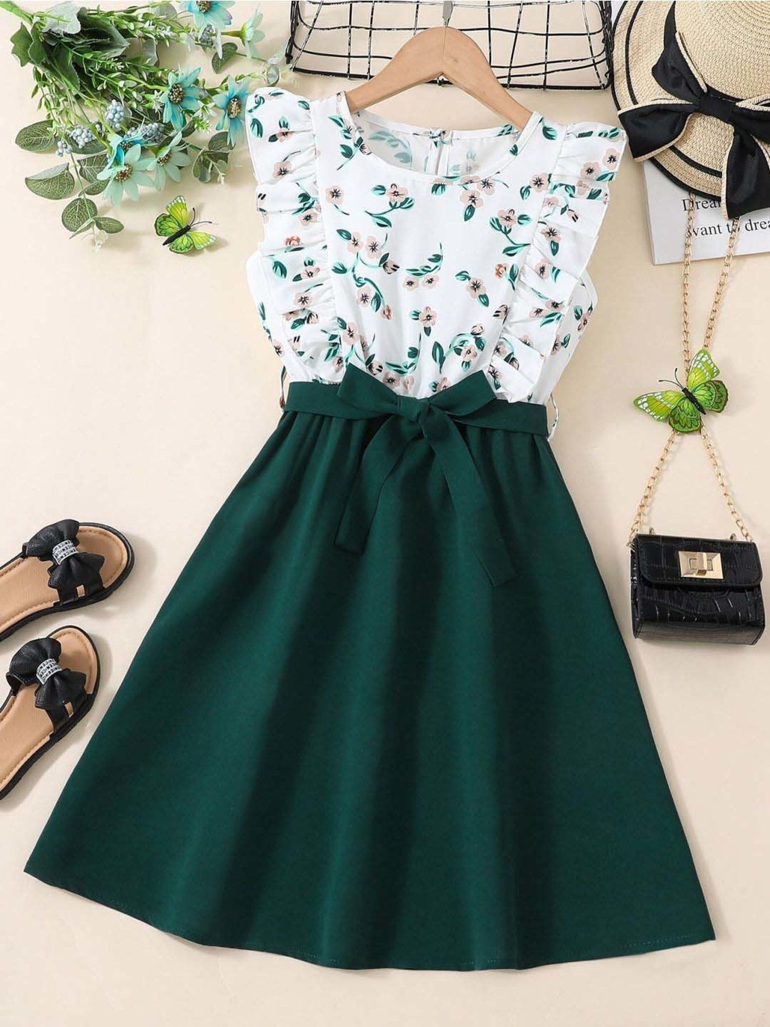 Bolly Lounge Girls Green & White Floral Dress