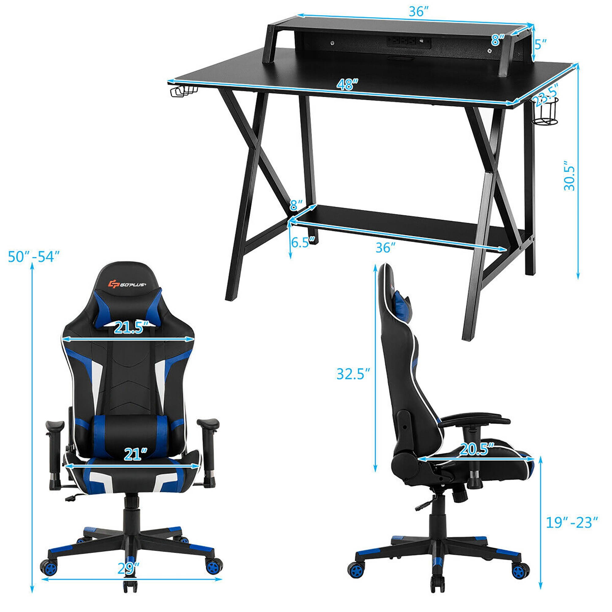 Goplus Gaming Computer Desk&Massage Gaming Chair Set w/Monitor Shelf Power Strip Blue