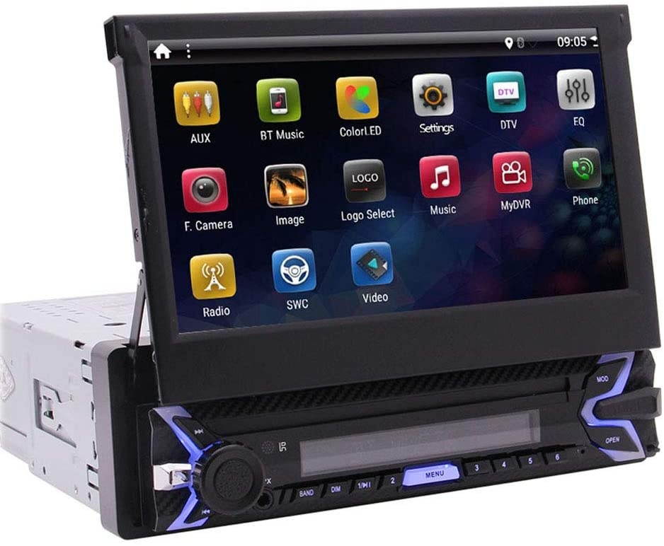Android 10.0 Single Din Car Stereo 7 Inch Flip Out Capacitive Touch Screen Support Bluetooth WiFi GPS Navigation Mirror Link AM/FM Car Radio OBD USB SD AUX Cam-in with Backup Camera and Microphone
