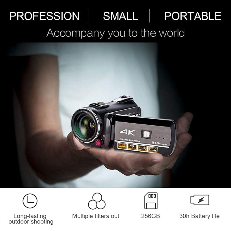 Video Camera,  4K Camcorder WiFi Ultra HD Vlogging Camera for YouTube, 3.1'' IPS Screen 30X Digital Zoom Night Vision Video Camera with Microphone, Wide Lens, 32GB Card, 2 Batteries