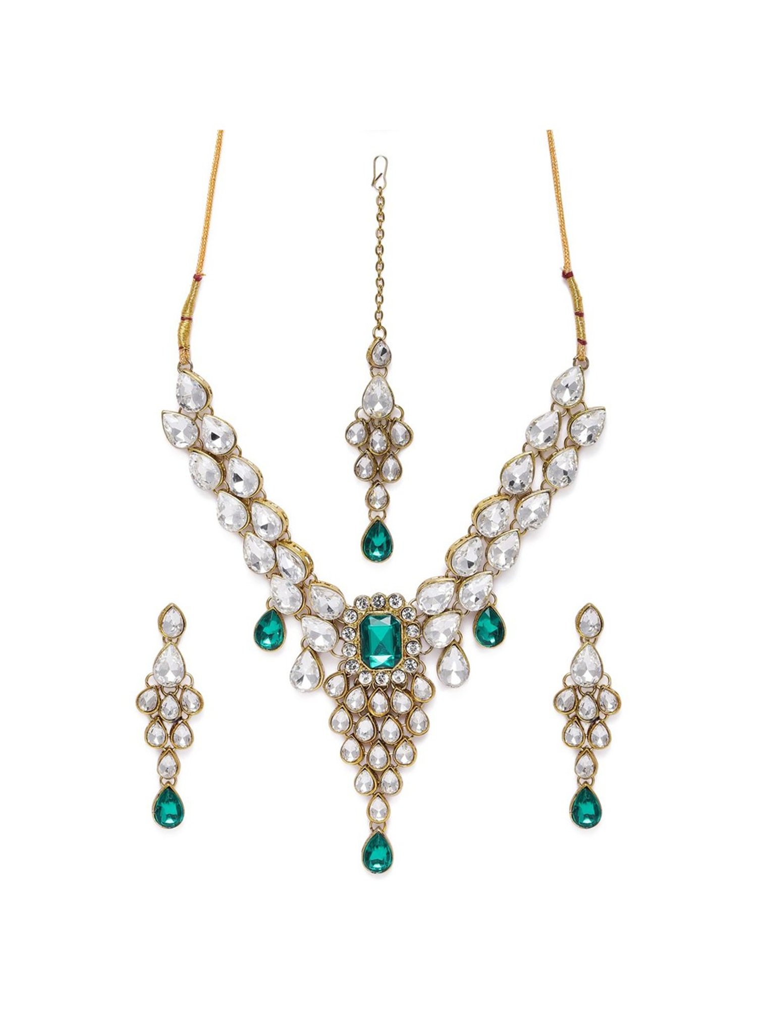 Zaveri Pearls Green & White Stones Wedding Collection Necklace Earring & Maangtikka Set-ZPFK9967