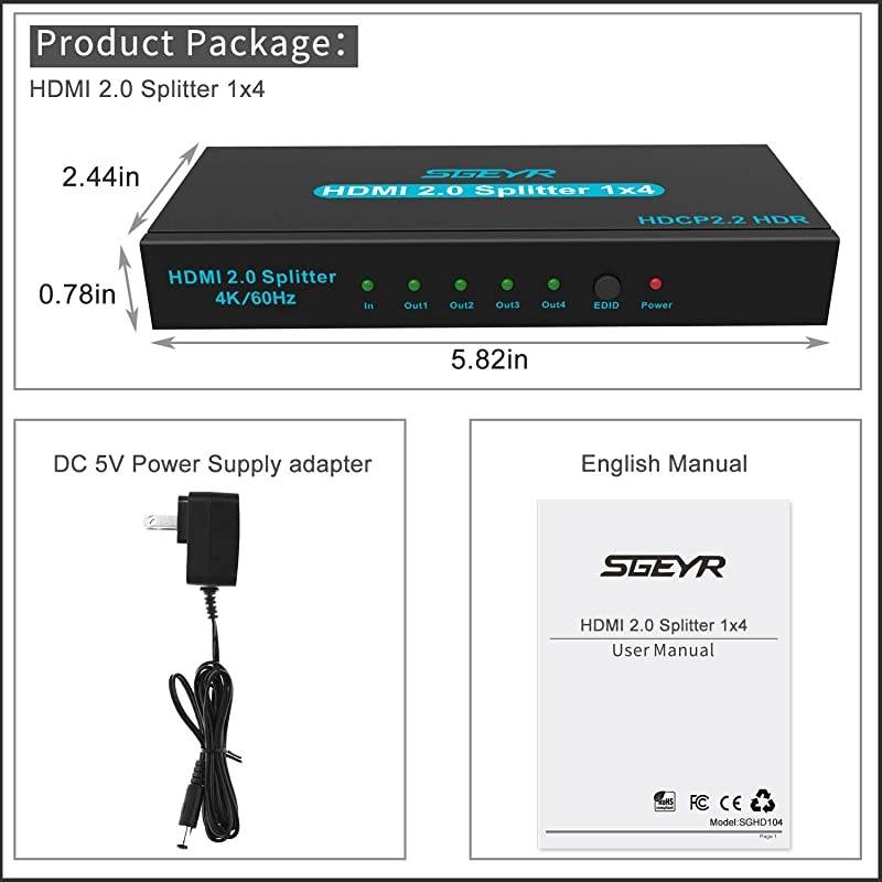 4K HDMI Splitter 1 in 4 Out HDMI Splitter 4 Ports HDMI Video Splitter Box Supports 4K@60Hz HDR Full Ultra HD 1080P and 3D Compatible with DVD Blu-Ray Player HDTV Splitter