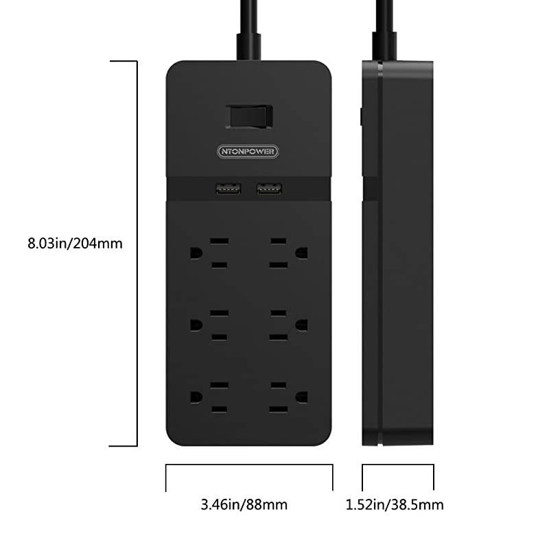 Flat Plug Power Strip with USB  Mountable Surge Protector Flat Plug 6 Outlets 2 USB Desktop Charging Station 5ft Heavy Duty Extension Cord 15A Circuit Breaker for Home and Office Black