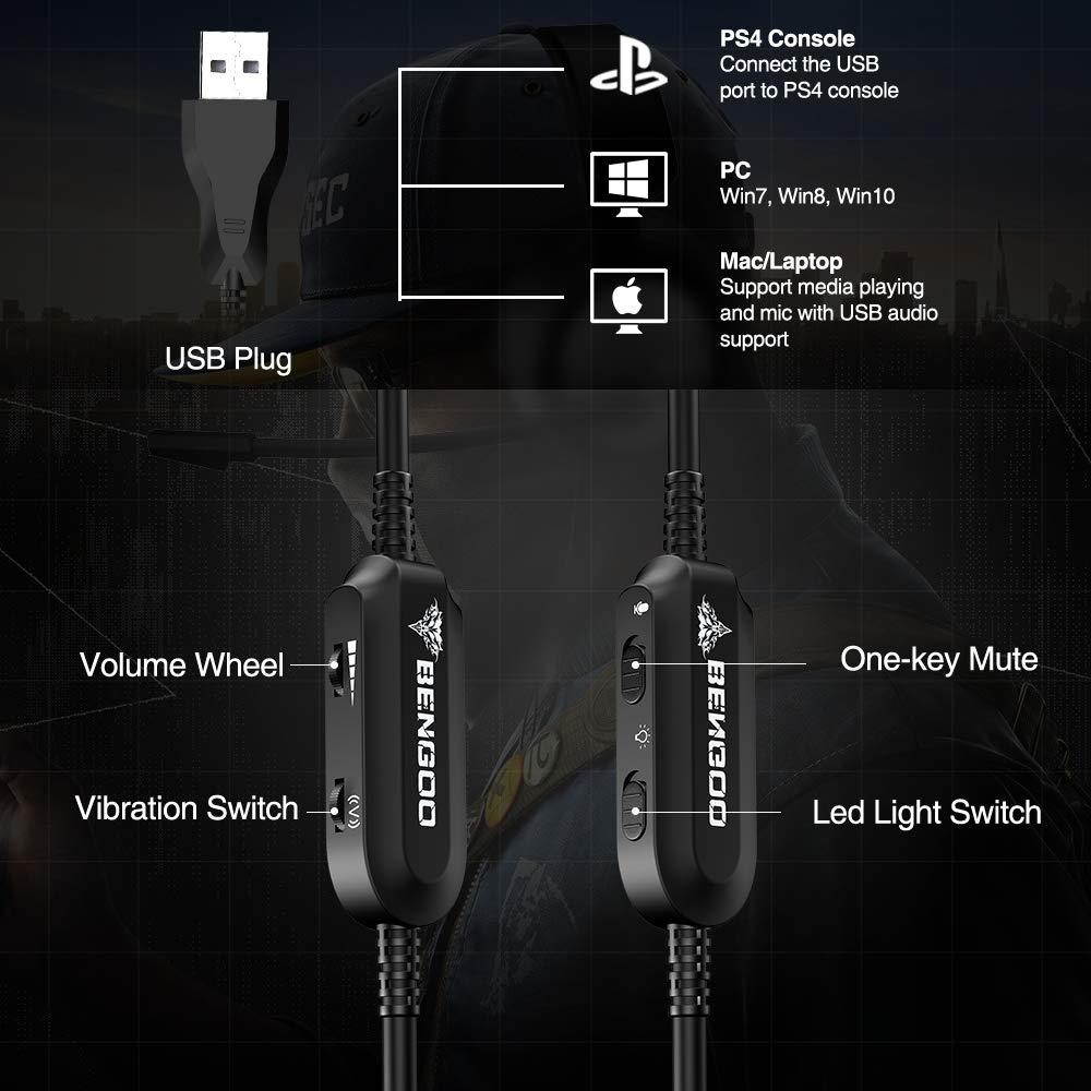 BENGOO GH1 Gaming Headset for PC, PS4 Gaming Console, USB 7.1 Surround Sound Gaming Headphones with Noise Canceling Mic, 4D Intelligent Vibration, Strong Bass, LED Light for Laptop Mac Games