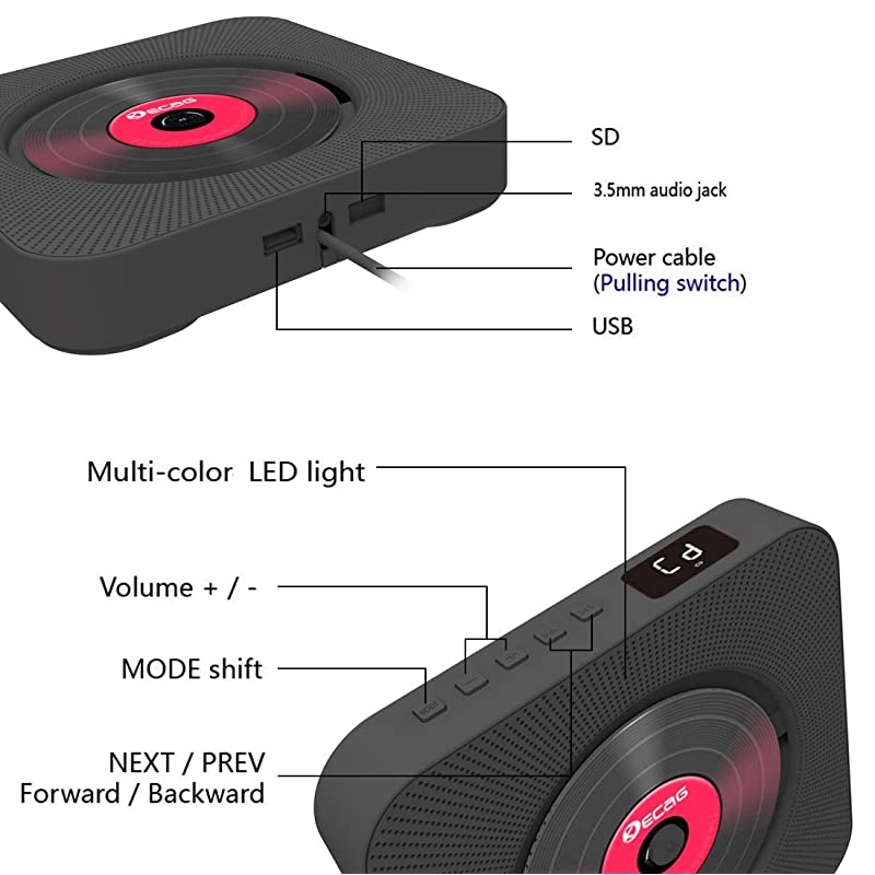 CD Player Wall Mountable Desk Bluetooth 4.2 with Display Sleep Timer USB TF MP3 AUX in/Out White 2021 Highest Upgraded