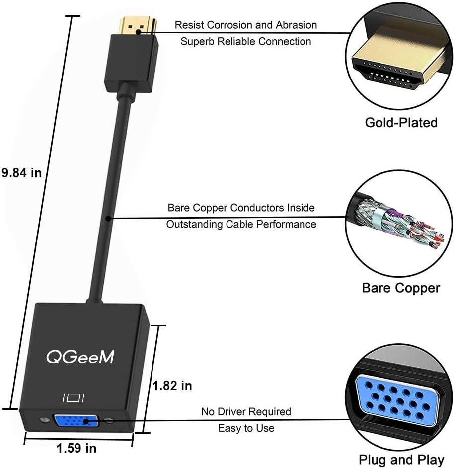 HDMI to VGA,QGeeM Gold-Plated HDMI to VGA Adapter (Male to Female) for Computer,Desktop,Laptop,PC,Monitor,Projector,HDTV, Chromebook,Raspberry Pi,Roku,Xbox and More(Black)