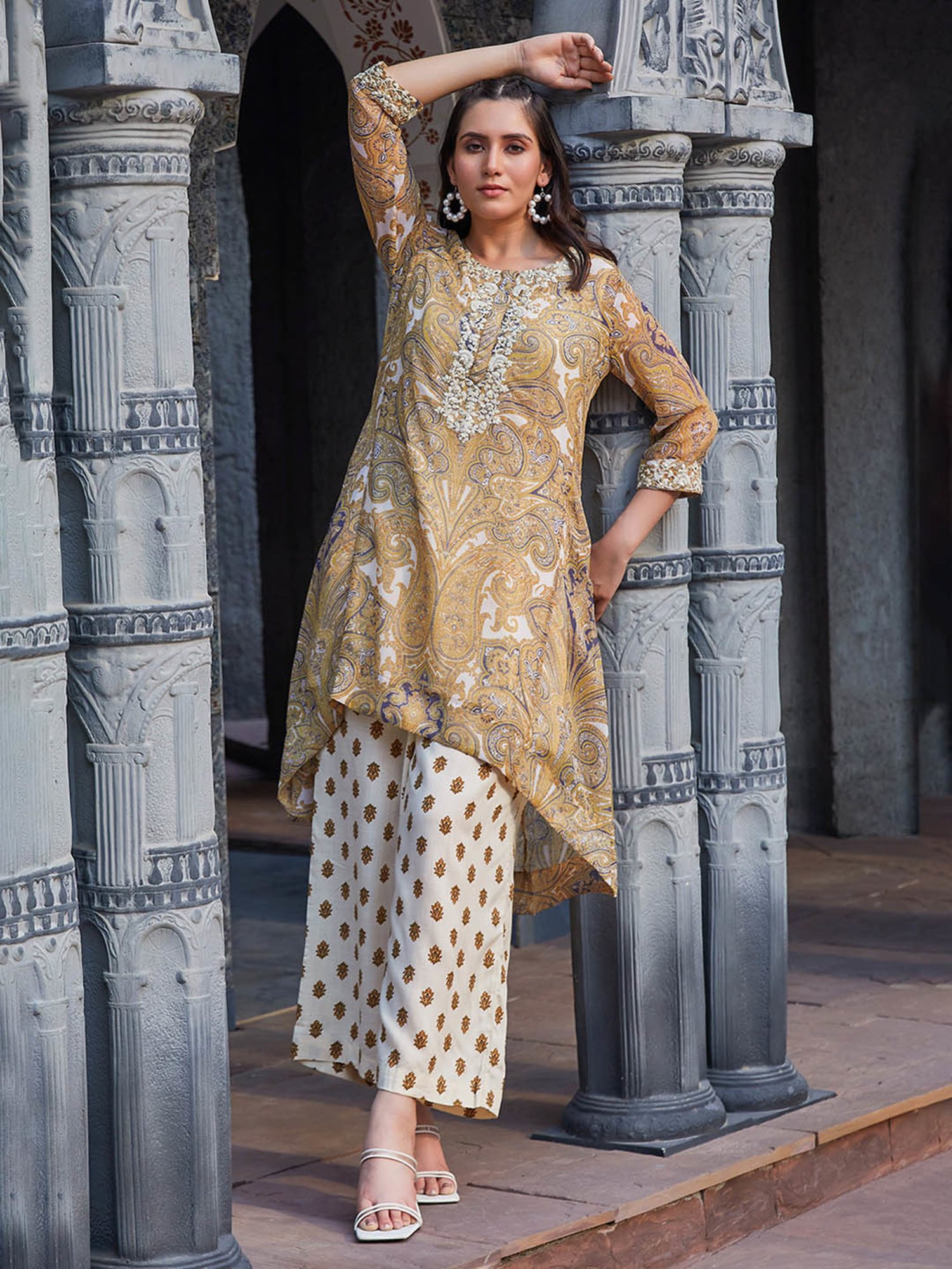 Biba Mustard & White Printed Kurta With Inner & Palazzo Set