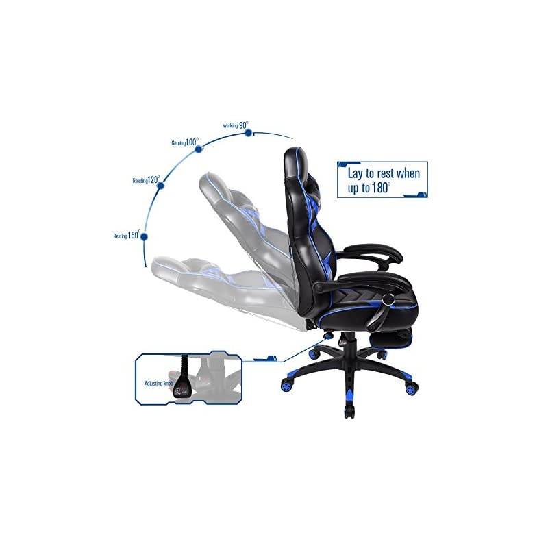 Chair Racing Style Reclining Adjustable Swivel Office Chair with Foot Rest, Lumbar Pillow, Headrest(Blue)