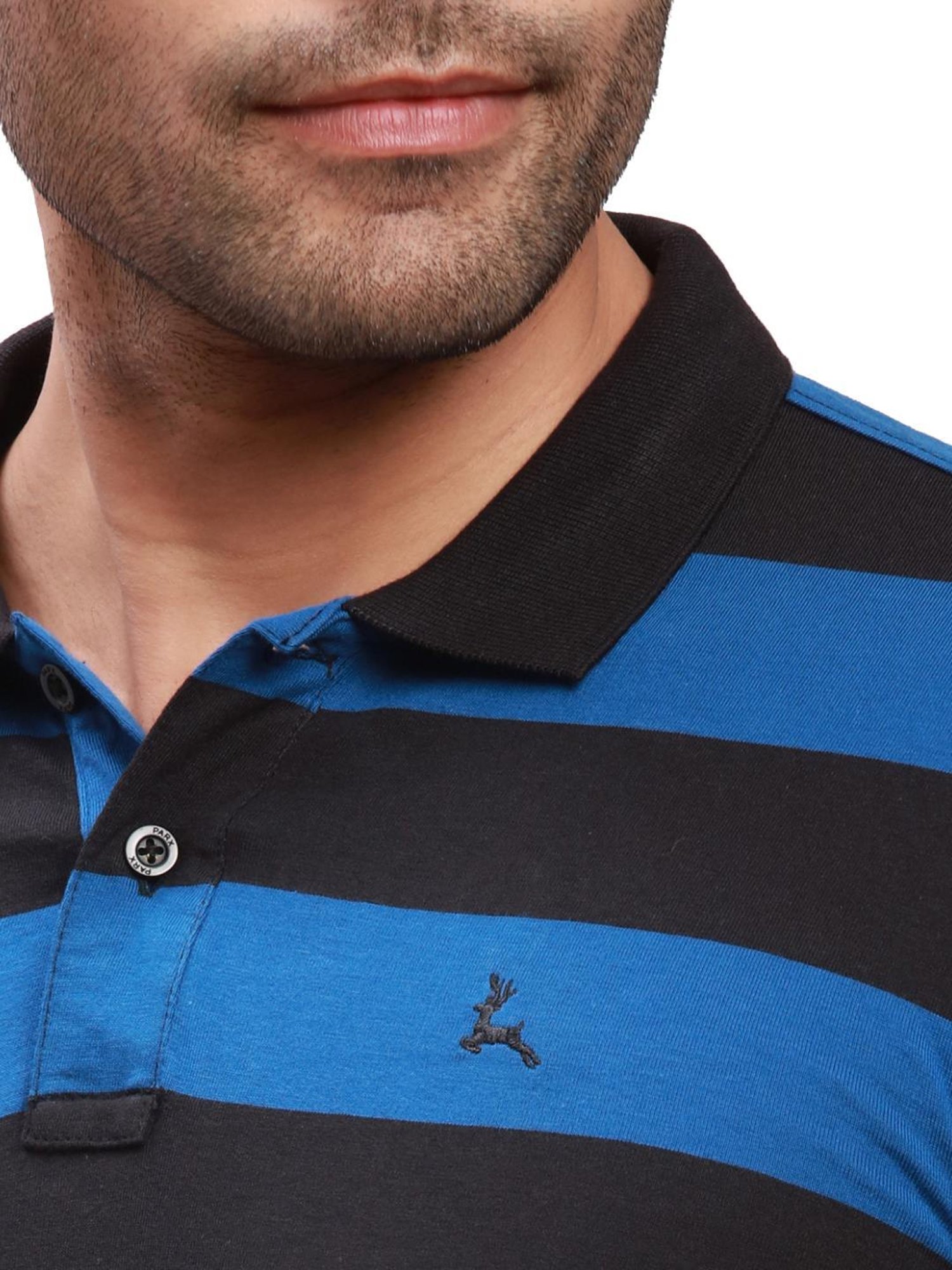 Parx Blue Cotton Regular Fit Colour Block Polo T-Shirt