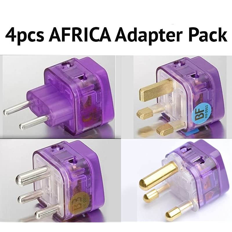 4 Pieces AFRICA TRAVEL ADAPTER Pack for ALL countries in AFRICA; SOUTH AFRICA EGYPT MOROCCO TUNISIA KENYA NIGERIA TANZANIA BOTSWANA ZAMBIA NAMIBIA MOZAMBIQUE ZIMBABWE UGANDA RWANDA GHANA ETHIOPIA CON