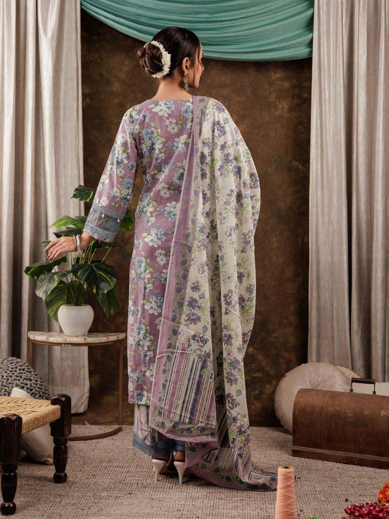 Yufta Purple Cotton Printed Kurta Pant Set With Dupatta